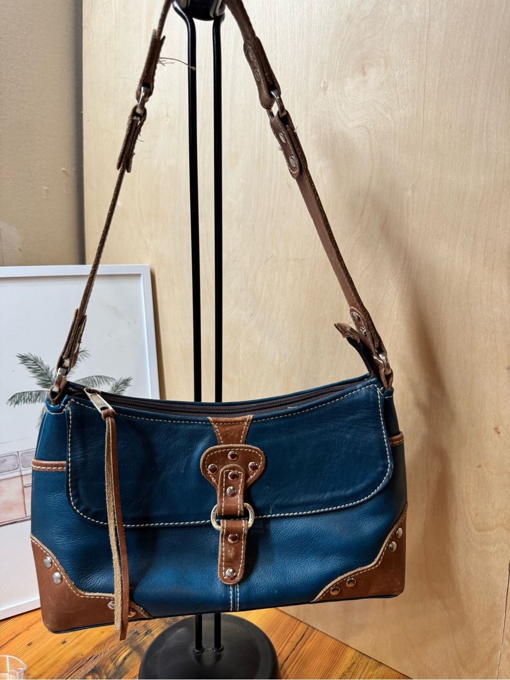 American West Navy and Brown Leather Shoulder Bag